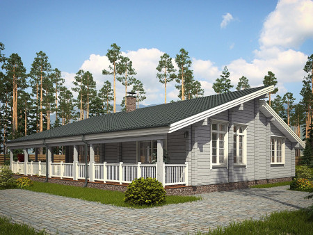 Одноэтажный загородный дом из клеёного бруса с просторной опоясывающей террасой, 210 м2