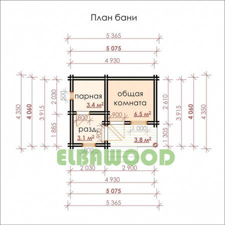 Маленькая баня из двойного бруса, 5х4 м, 13 кв. м 