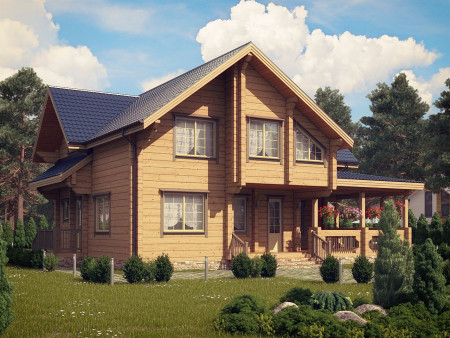 Двухэтажный загородный дом из клеёного бруса с верандой, 5 спален, 224,9 м2