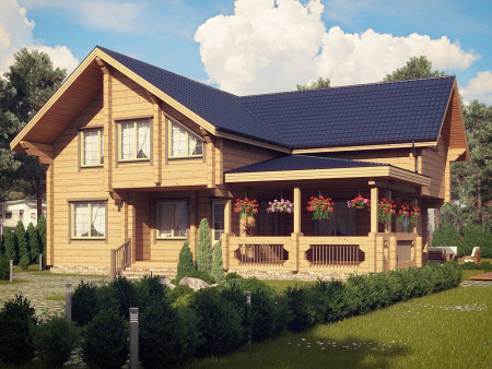 Двухэтажный загородный дом из клеёного бруса с верандой, 5 спален, 224,9 м2
