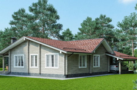 Одноэтажный дом из клеёного бруса в стиле альпийское шале с террасой и навесом для автомобиля, 218 м²