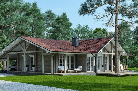 Одноэтажный дом из клеёного бруса в стиле альпийское шале с террасой и навесом для автомобиля, 218 м²