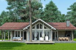 Одноэтажный дом из клеёного бруса в стиле альпийское шале с террасой и навесом для автомобиля, 218 м²