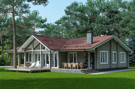 Одноэтажный дом из клеёного бруса в стиле альпийское шале с террасой и навесом для автомобиля, 218 м²