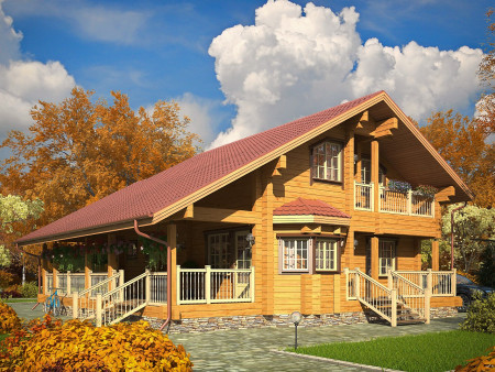 Дом из клеёного бруса с просторной угловой верандой, 2 этажа, 4 спальни, 196 м2