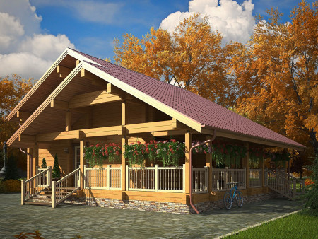 Дом из клеёного бруса с просторной угловой верандой, 2 этажа, 4 спальни, 196 м2