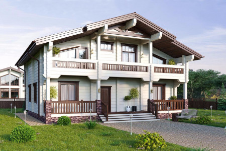 Дом из клеёного бруса со вторым светом, 2 этажа, 3 открытых балкона, 262,4 м2