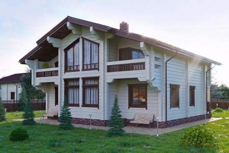 Дом из клеёного бруса со вторым светом, 2 этажа, 3 открытых балкона, 262,4 м2