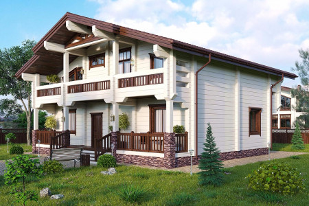 Дом из клеёного бруса со вторым светом, 2 этажа, 3 открытых балкона, 262,4 м2