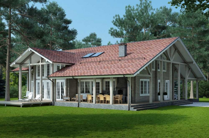 Загородный дом из клеёного бруса в стиле альпийское шале, терраса, навес для 2-х автомобилей, 5 спален, 410 м²