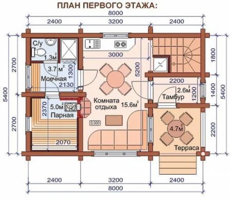 Большая баня из рубленного бревна 5,4х8 м 91.8 кв. м, с мансардой
