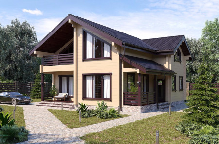 Загородный дом из клеёного бруса с просторной угловой террасой, 2 этажа, 228 м2