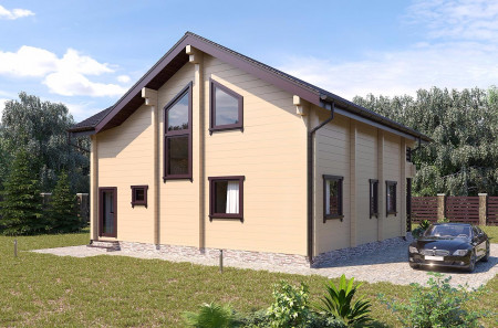 Загородный дом из клеёного бруса с просторной угловой террасой, 2 этажа, 228 м2