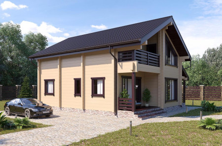 Загородный дом из клеёного бруса с просторной угловой террасой, 2 этажа, 228 м2