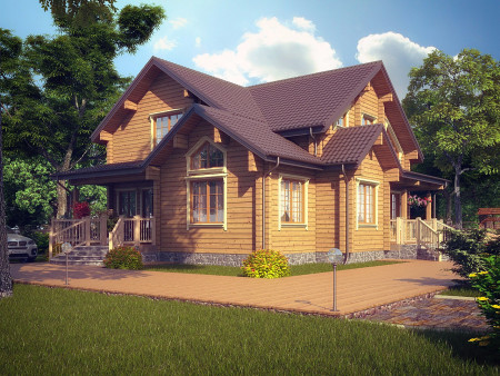 Двухэтажный загородный дом из клеёного бруса, 4 спальных комнаты, веранда, 223 м2