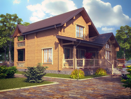 Двухэтажный загородный дом из клеёного бруса, 4 спальных комнаты, веранда, 223 м2