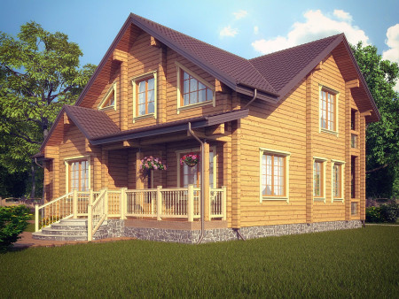 Двухэтажный загородный дом из клеёного бруса, 4 спальных комнаты, веранда, 223 м2