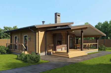 Небольшой загородный дом из клеёного бруса с сауной и террасой, 80 м²