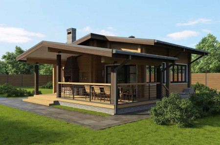 Небольшой загородный дом из клеёного бруса с сауной и террасой, 80 м²
