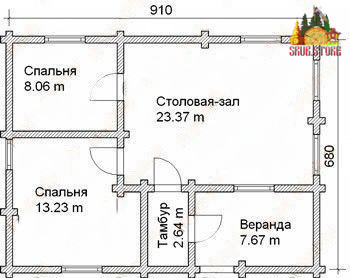 Сруб одноэтажного дома с террасой 62 м2