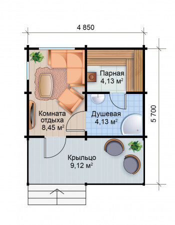 Проект одноэтажной бани из клеенного бруса, 26 м2