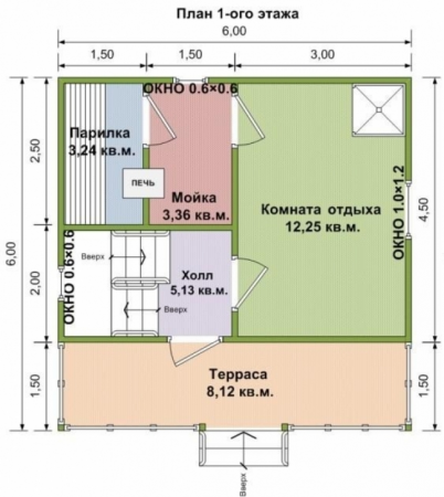 Баня из бруса 6x6 м (48,3 кв.м) с мансардой