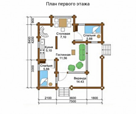 Сруб двухэтажного дома с террасами 63,9 м2
