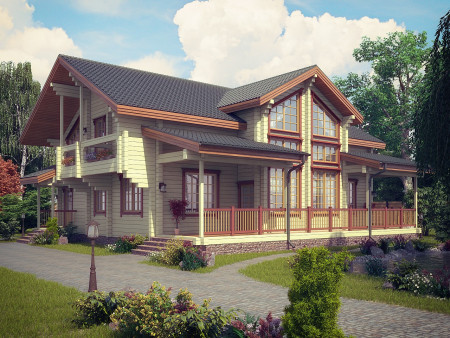 Дом из клеёного бруса с тренажёрным залом, бильярдной и сауной, 2 этажа, 321 м2