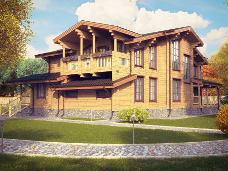 Загородный дом из клеёного бруса с зимним садом и бильярдной, 2 этажа, 415 м2