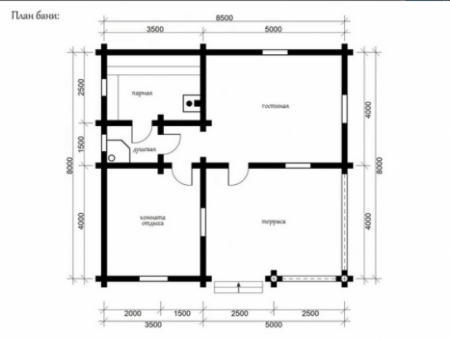 Сруб бани из ОЦ бревна 8х8,5 м, 43 кв. м, с террасой 