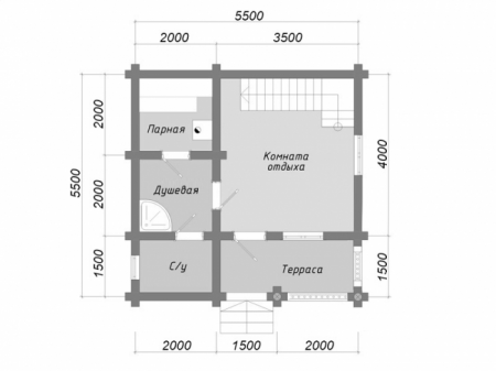 Баня из рубленного бревна 5,5х5,5 м, 38 кв. м, с мансардой