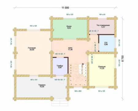 Двухэтажный дом с террасой из бревна 9х11 м (158,8 кв.м)