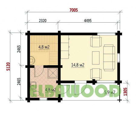 Баня с террасой из двойного бруса, 7х5.1 м, (25 кв.м) 
