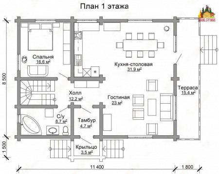 Сруб дома 8х11 м