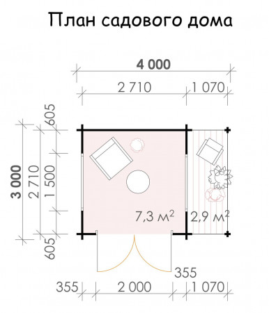 Садовый домик из мини-бруса, 4х3 м, 7.3 кв. м