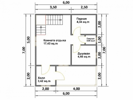 Баня из бруса 6x7 м (59 кв.м) с мансардой