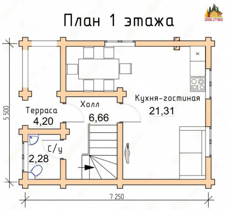 Сруб дома с мансардой и крыльцом 70 м2