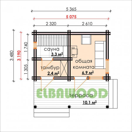 Баня с террасой из двойного бруса, 5.2х5 м, 13 кв.м 