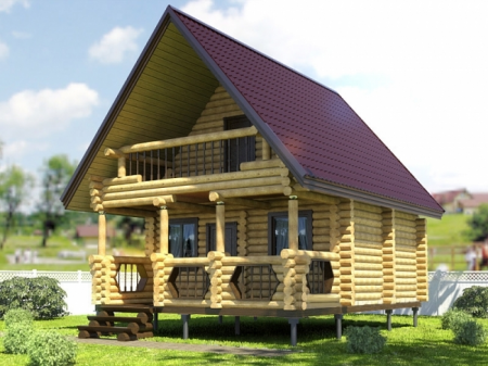 Баня из рубленного бревна 5,5х6,5 м, 47 кв. м, с мансардой, террасой и балконом 