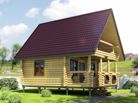 Баня из рубленного бревна 5,5х6,5 м, 47 кв. м, с мансардой, террасой и балконом 