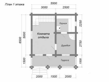 Баня из рубленного бревна 5,5х6,5 м, 47 кв. м, с мансардой, террасой и балконом 