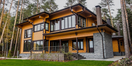 Дом из клеёного бруса с бассейном и навесом для автомобиля, 2 этажа, 612 м2