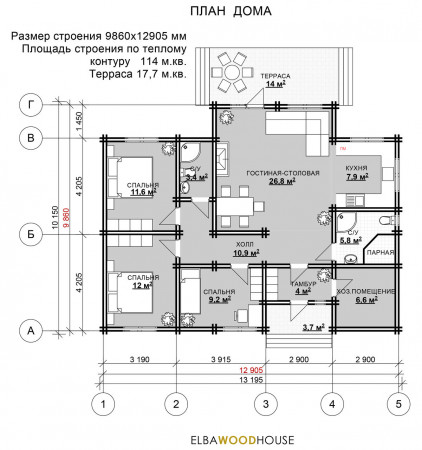 Дом с террасой из двойного бруса, 12.9х12 м, 115 кв.м