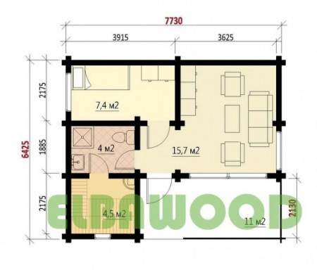 Баня для дачи из двойного бруса, 7.7х6.4, 31,5 кв.м 