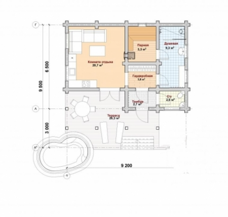 Сруб бани из ОЦ бревна 9,2х9,5 м, 42.3 кв. м, с террасой
