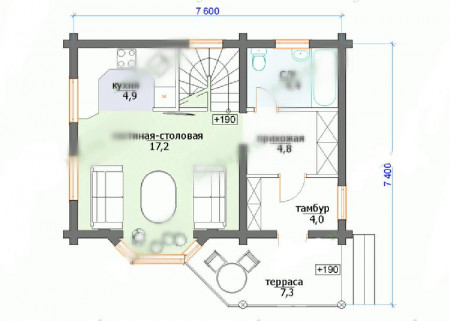 Сруб дома с мансардой и террасой 71,8 м2