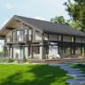 Загородный дом в стиле фахверк с панорамным остеклением фасада и опоясывающей террасой, 4 спальни, 400 м²