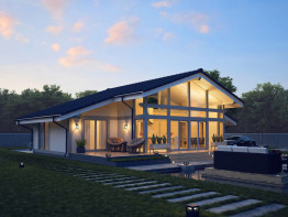 Одноэтажный дом в стиле фахверк с панорамным остеклением и террасой, 150 м²