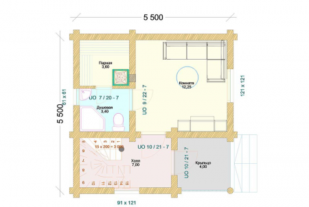 Двухэтажный дом из ОЦ бревна 5,5х5,5 м (61 кв.м)