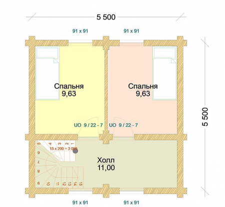Двухэтажный дом из ОЦ бревна 5,5х5,5 м (61 кв.м)
